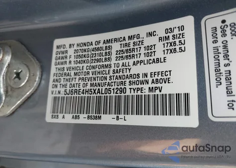 2010 Honda Cr-V Ex z USA, uszkodzony, nr VIN 5J6RE4H5XAL051290